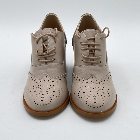 FOWT Beige Perforated Lace-Up Oxfords Almond Toe Mid Chunky Heel Brogues Shoes - Picture 3 of 6